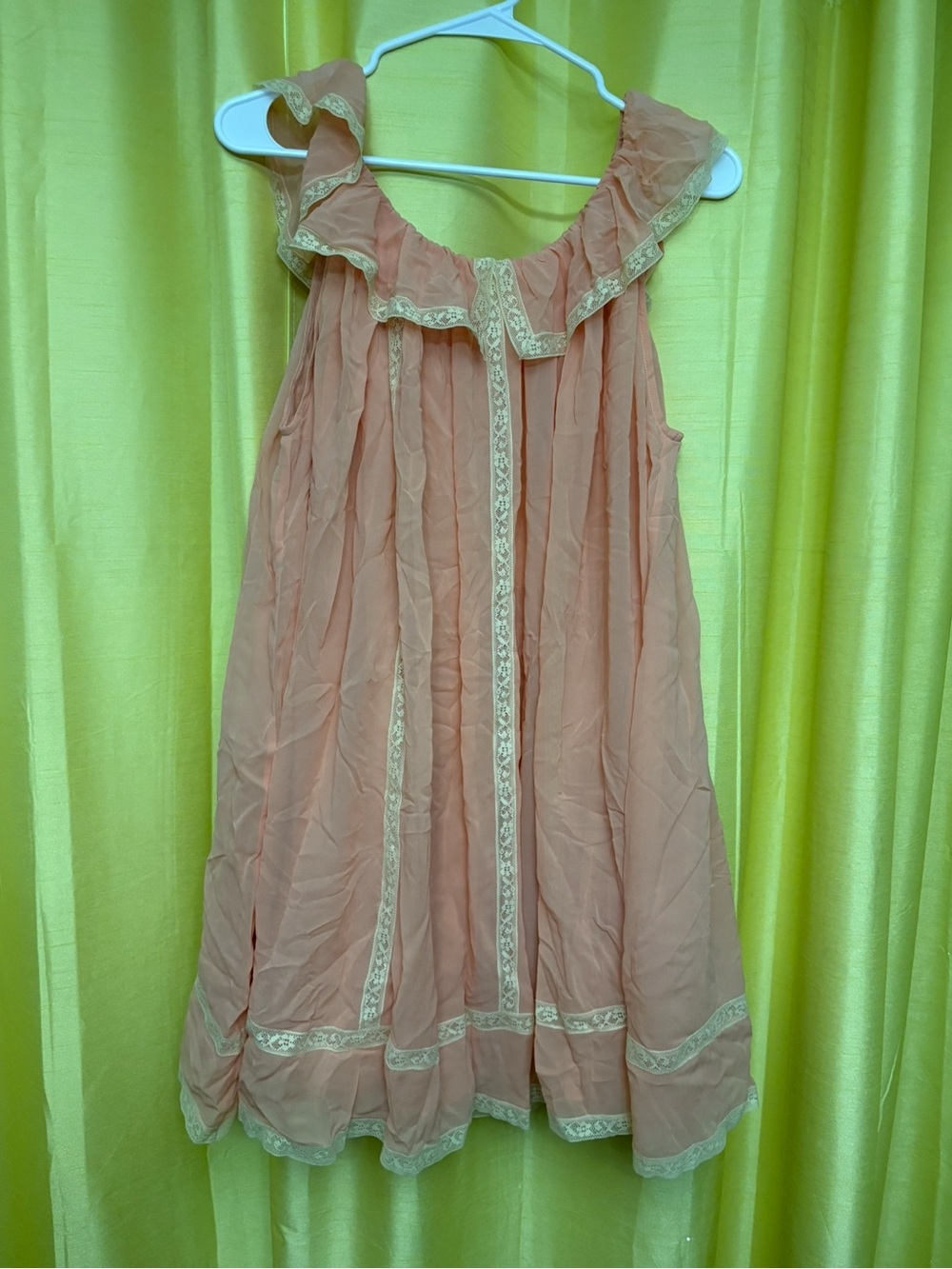 Womens Peach Ruffle Neck Dress with Lace Trim